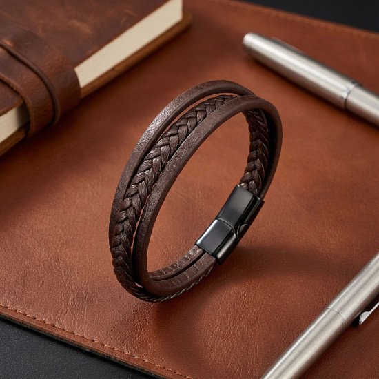 Kahverengi El Örgüsü Çoklu Deri Erkek Bileklik