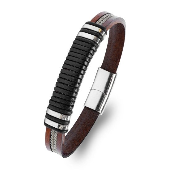 Siyah ve Kahverengi Deri Çelik Halat Erkek Bileklik
