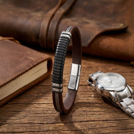 Siyah ve Kahverengi Deri Çelik Halat Erkek Bileklik