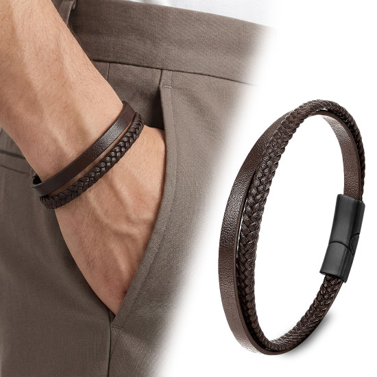 Kahverengi deri ve saç örgü tasarımlı çoklu çelik erkek bileklik modeli Kahverengi deri ve saç örgü detaylı çoklu çelik erkek bileklik