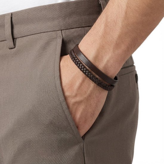 Kahverengi deri ve saç örgü tasarımlı çoklu çelik erkek bileklik modeli Kahverengi deri ve saç örgü detaylı çoklu çelik erkek bileklik