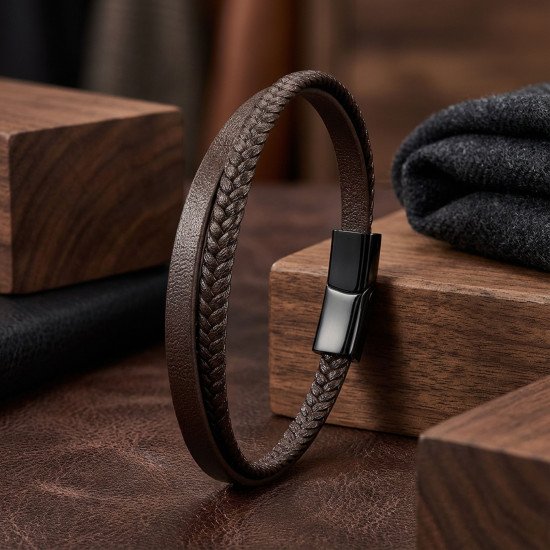 Kahverengi deri ve saç örgü tasarımlı çoklu çelik erkek bileklik modeli Kahverengi deri ve saç örgü detaylı çoklu çelik erkek bileklik
