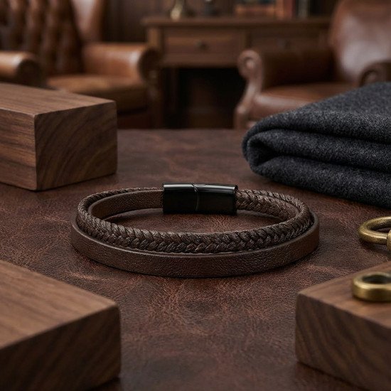 Kahverengi deri ve saç örgü tasarımlı çoklu çelik erkek bileklik modeli Kahverengi deri ve saç örgü detaylı çoklu çelik erkek bileklik