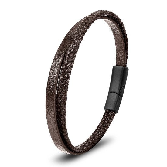Kahverengi deri ve saç örgü tasarımlı çoklu çelik erkek bileklik modeli Kahverengi deri ve saç örgü detaylı çoklu çelik erkek bileklik