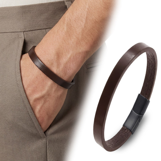 Kahverengi Minimal Deri Manyetik Kilitli Erkek Bileklik