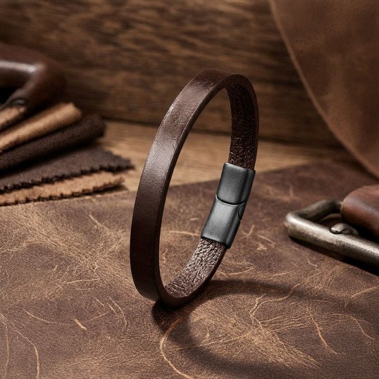 Kahverengi Minimal Deri Manyetik Kilitli Erkek Bileklik