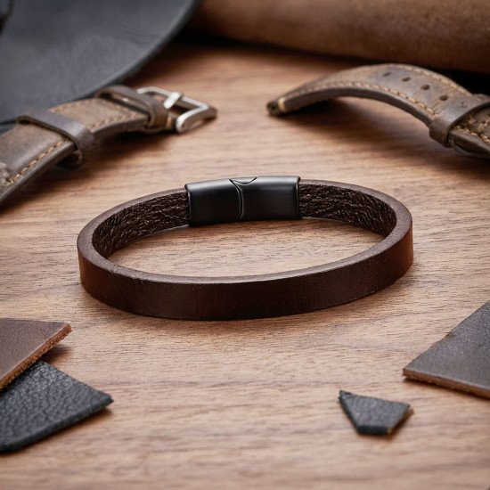 Kahverengi Minimal Deri Manyetik Kilitli Erkek Bileklik