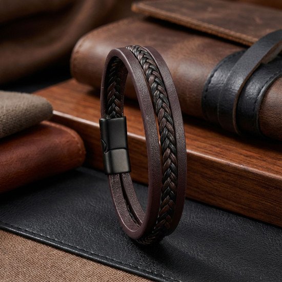Kahverengi siyah saç örgü desenli deri erkek bileklik