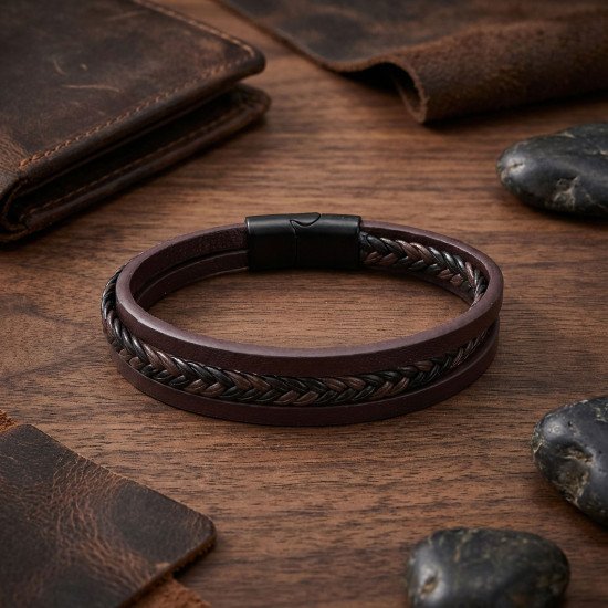 Kahverengi siyah saç örgü desenli deri erkek bileklik