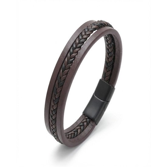 Kahverengi siyah saç örgü desenli deri erkek bileklik