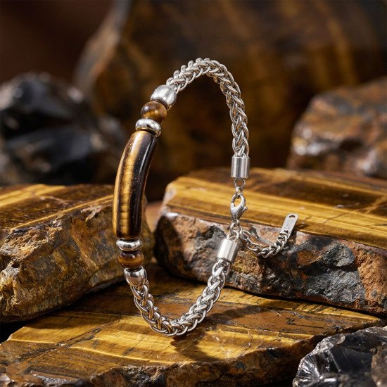 Kaplan gözü doğal taşlı ayarlanabilir çelik zincir erkek bileklik