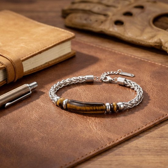 Kaplan gözü doğal taşlı ayarlanabilir çelik zincir erkek bileklik