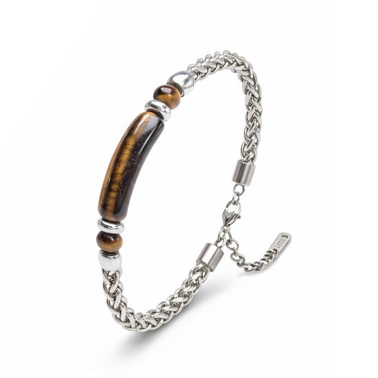 Kaplan gözü doğal taşlı ayarlanabilir çelik zincir erkek bileklik