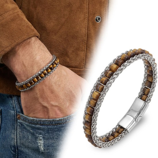 Kaplan Gözü Doğal Taşlı Hasır Örgü Zincir Çelik Erkek Bileklik Kaplan Gözü Doğal Taşlı Hasır Örgü Zincir Çelik Erkek Bileklik