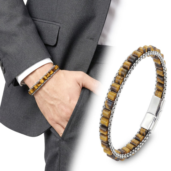 Kaplan gözü doğal taşlı hasır örgü zincirli erkek çelik bileklik