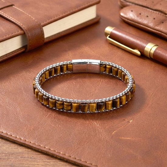 Kaplan gözü doğal taşlı hasır örgü zincirli erkek çelik bileklik