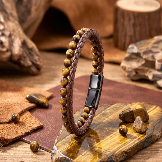 kaplan gözü doğaltaşlı deri çelik erkek bileklik