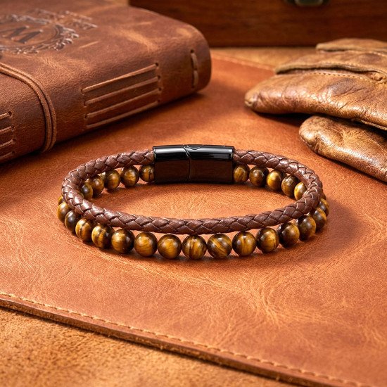 kaplan gözü doğaltaşlı deri çelik erkek bileklik