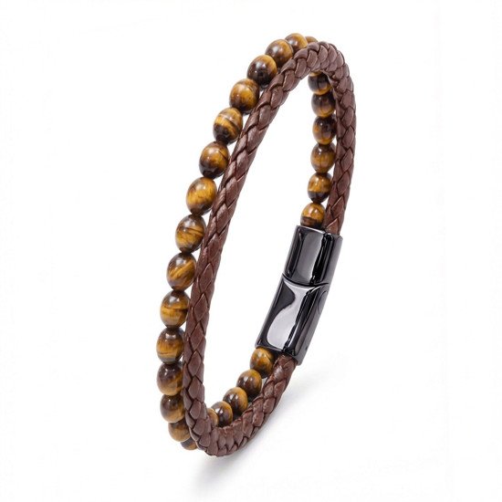 kaplan gözü doğaltaşlı deri çelik erkek bileklik