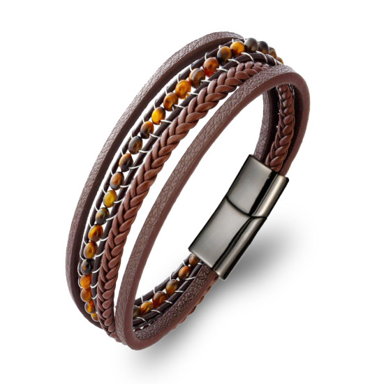 Kaplan gözü doğal taşlı deri erkek bileklik modeli Kaplan gözü taşlı ve deri detaylı erkek bileklik