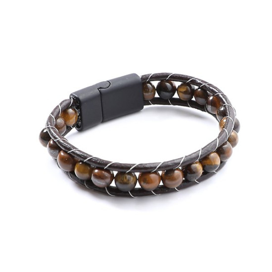 Kaplan Gözü Doğal Taşlı Deri Erkek Bileklik
