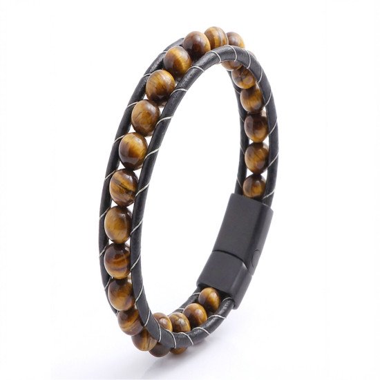 Kaplan Gözü Doğal Taşlı Deri Erkek Bileklik