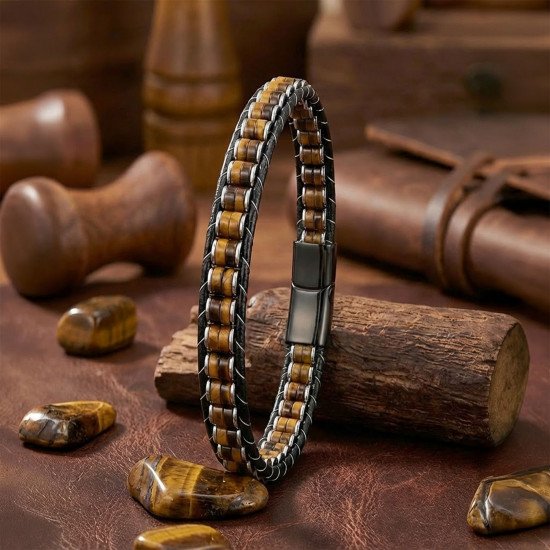 kaplan gözü hematit çelik deri erkek bileklik