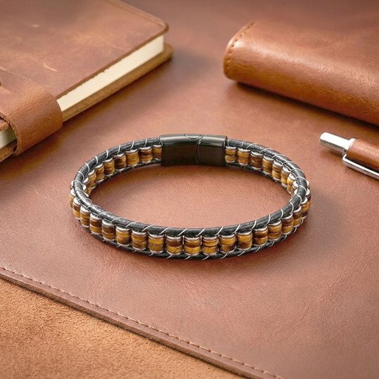 kaplan gözü hematit çelik deri erkek bileklik