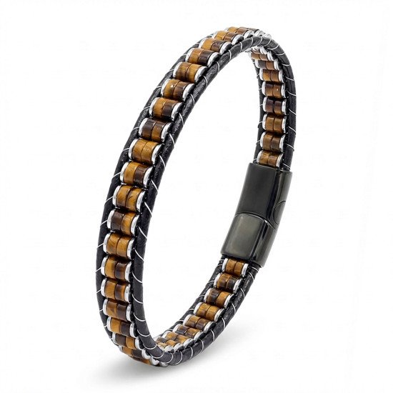 kaplan gözü hematit çelik deri erkek bileklik