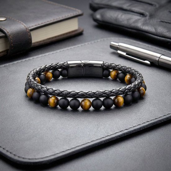 Kaplan gözü ve oniks taşlı deri çelik erkek bileklik