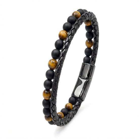 Kaplan gözü ve oniks taşlı deri çelik erkek bileklik