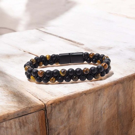 Erkek kaplan gözü ve oniks taşlı çelik halat bileklik Kaplan gözü ve oniks taşlı çelik halat erkek bileklik