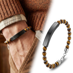 Kaplan Gözü Taşlı Siyah İsim Yazılabilir Erkek Bileklik