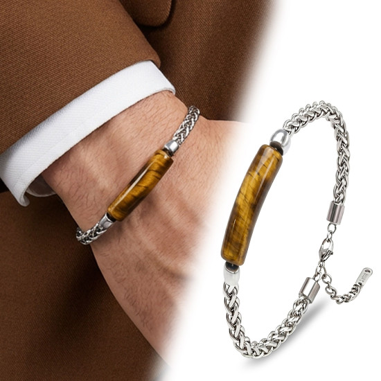 Kaplan Gözü Doğal Taşlı Ayarlanabilir Çelik Zincir Erkek Bileklik