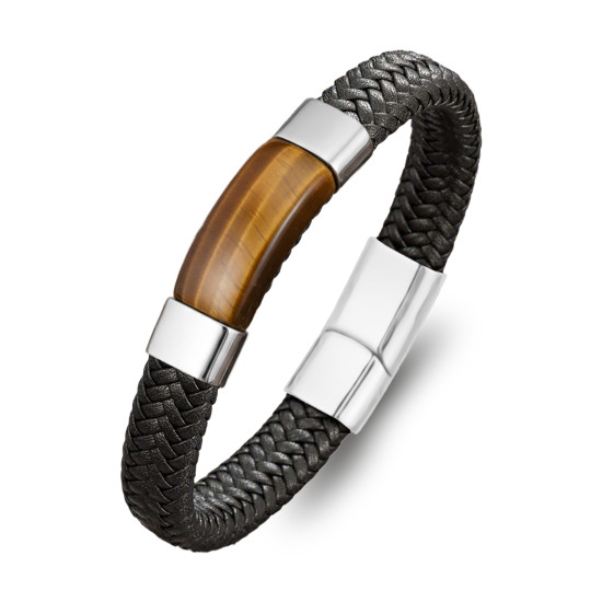 Kaplan Gözü Doğal Taşlı Siyah El Örgüsü Deri Erkek Bileklik