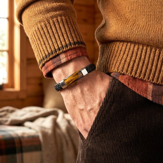 Kaplan Gözü Doğal Taşlı Siyah El Örgüsü Deri Erkek Bileklik