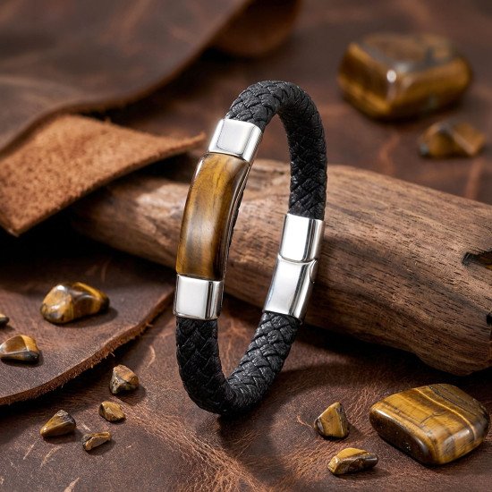 Kaplan Gözü Doğal Taşlı Siyah El Örgüsü Deri Erkek Bileklik