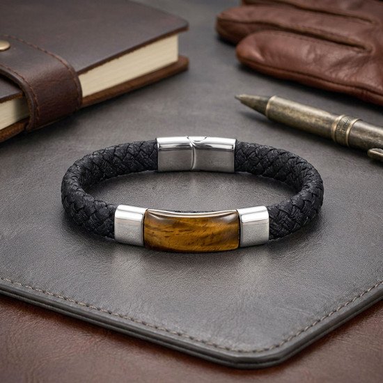 Kaplan Gözü Doğal Taşlı Siyah El Örgüsü Deri Erkek Bileklik