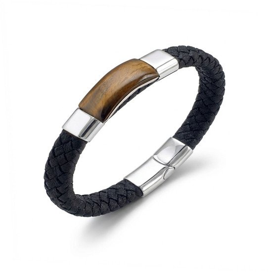 Kaplan Gözü Doğal Taşlı Siyah El Örgüsü Deri Erkek Bileklik