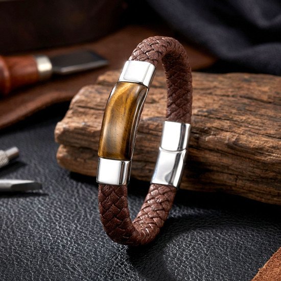 Kaplan Gözü Taşlı Kahverengi Deri ve Çelik Erkek Bileklik