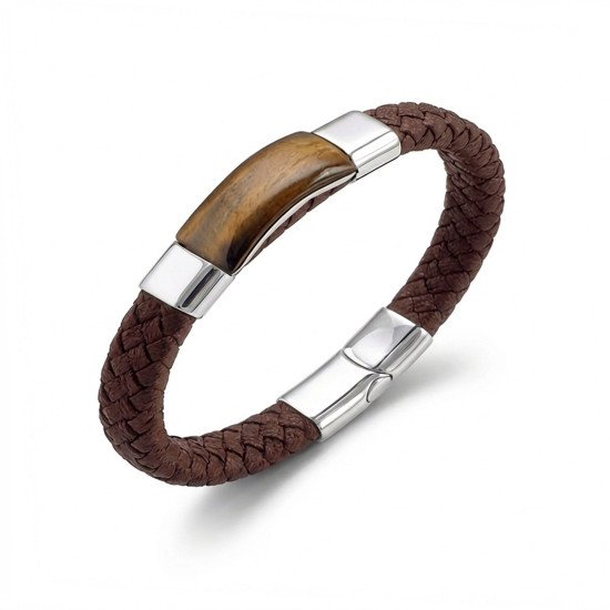 Kaplan Gözü Taşlı Kahverengi Deri ve Çelik Erkek Bileklik