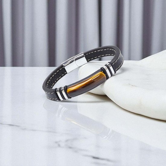 Kaplangözü taş titanyum çelik erkek bileklik modeli Kaplangözü taşlı deri kordonlu titanyum çelik erkek bileklik