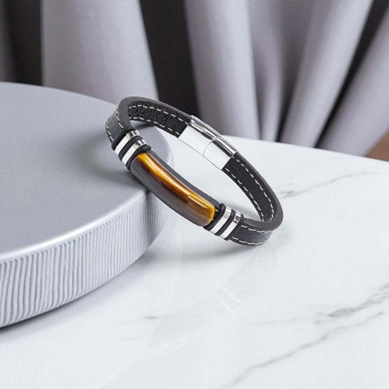 Kaplangözü taş titanyum çelik erkek bileklik modeli Kaplangözü taşlı deri kordonlu titanyum çelik erkek bileklik