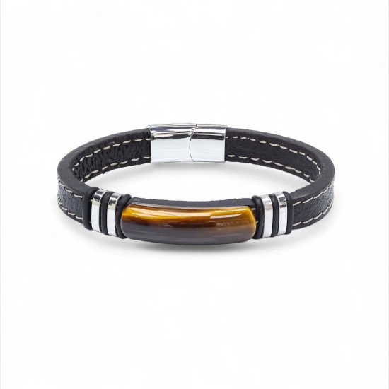 Kaplangözü taş titanyum çelik erkek bileklik modeli Kaplangözü taşlı deri kordonlu titanyum çelik erkek bileklik