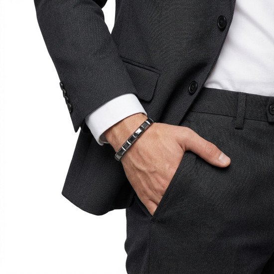 kare hematit doğaltaşlı çelik halat klipsli erkek bileklik