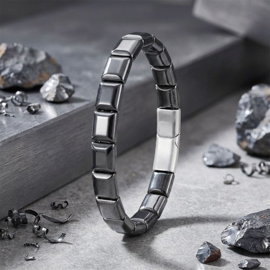 kare hematit doğaltaşlı çelik halat klipsli erkek bileklik