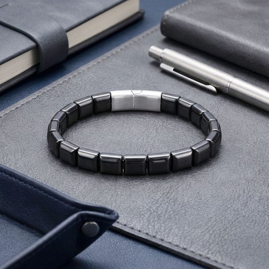 kare hematit doğaltaşlı çelik halat klipsli erkek bileklik