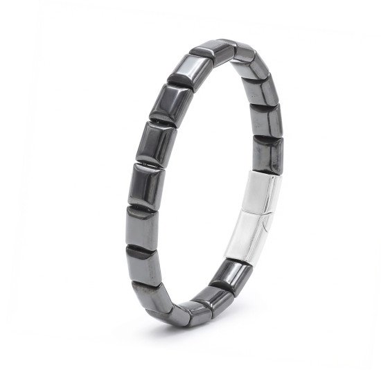 kare hematit doğaltaşlı çelik halat klipsli erkek bileklik