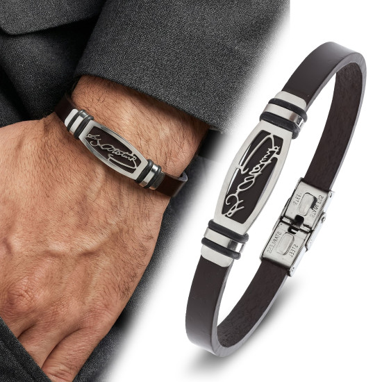 Kahverengi Deri Atatürk İmzalı Çelik Erkek Bileklik