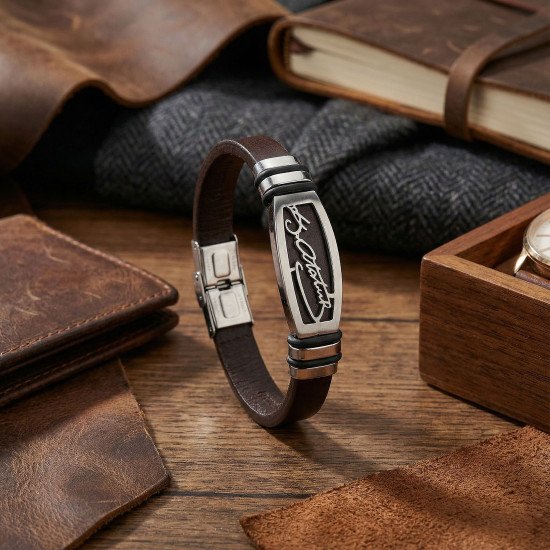 Kahverengi Deri Atatürk İmzalı Çelik Erkek Bileklik